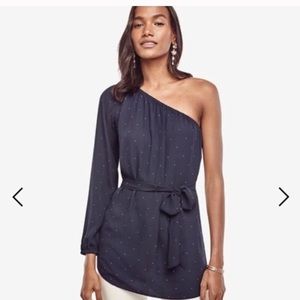 ANN TAYLOR PINDOT BELTED ONE SHOULDER BLOUSE